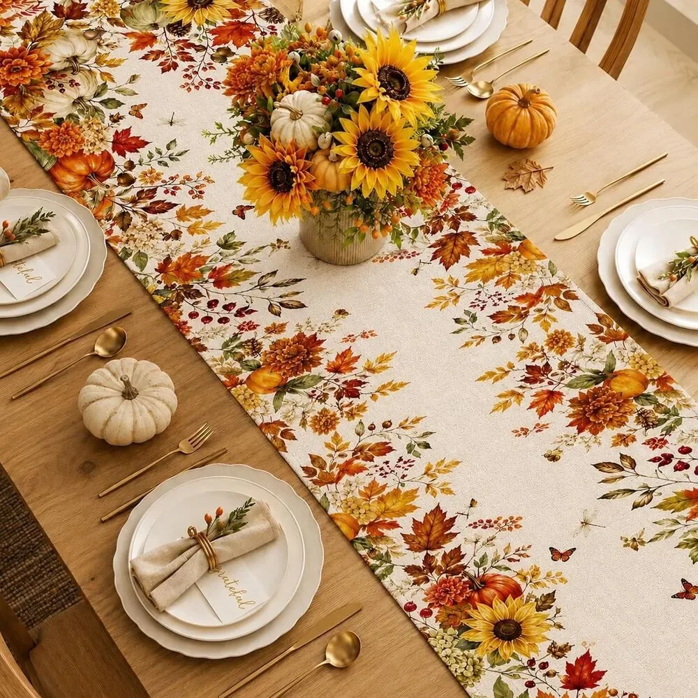 Fall Table Runner Pumpkin Sunflower Leaf Farmhouse Polyester 13 x 72-in Gift NEW